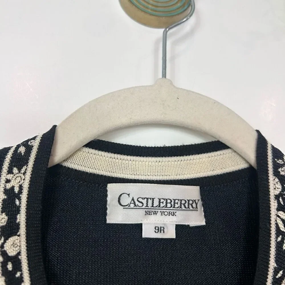 Castleberry Vintage Long Cardigan Sweater Women's Large Black Gold Button Floral